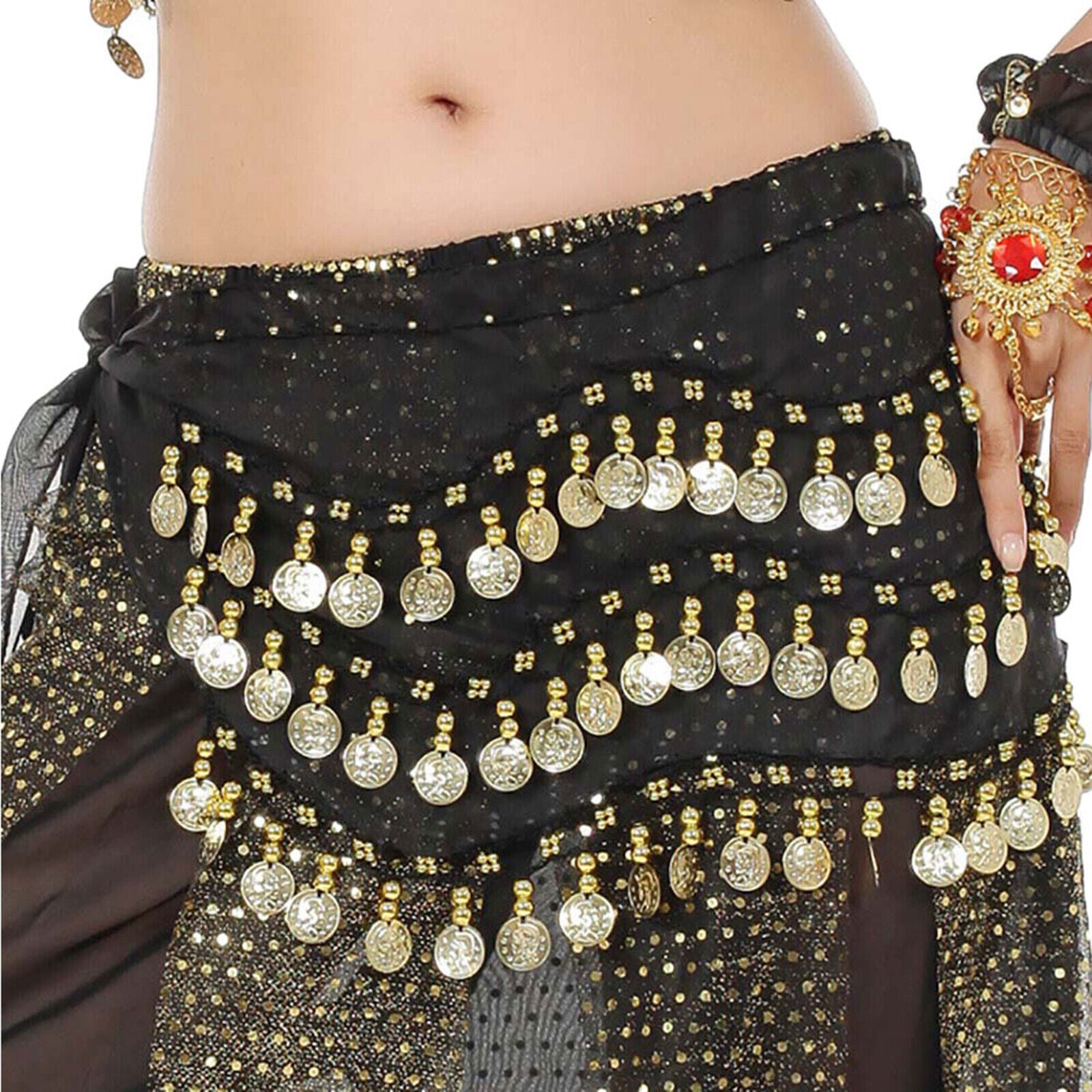 2 Pack Belly Dance Hip Scarf Skirt – Chiffon Wrap with Coins for Dance Costume and Performance