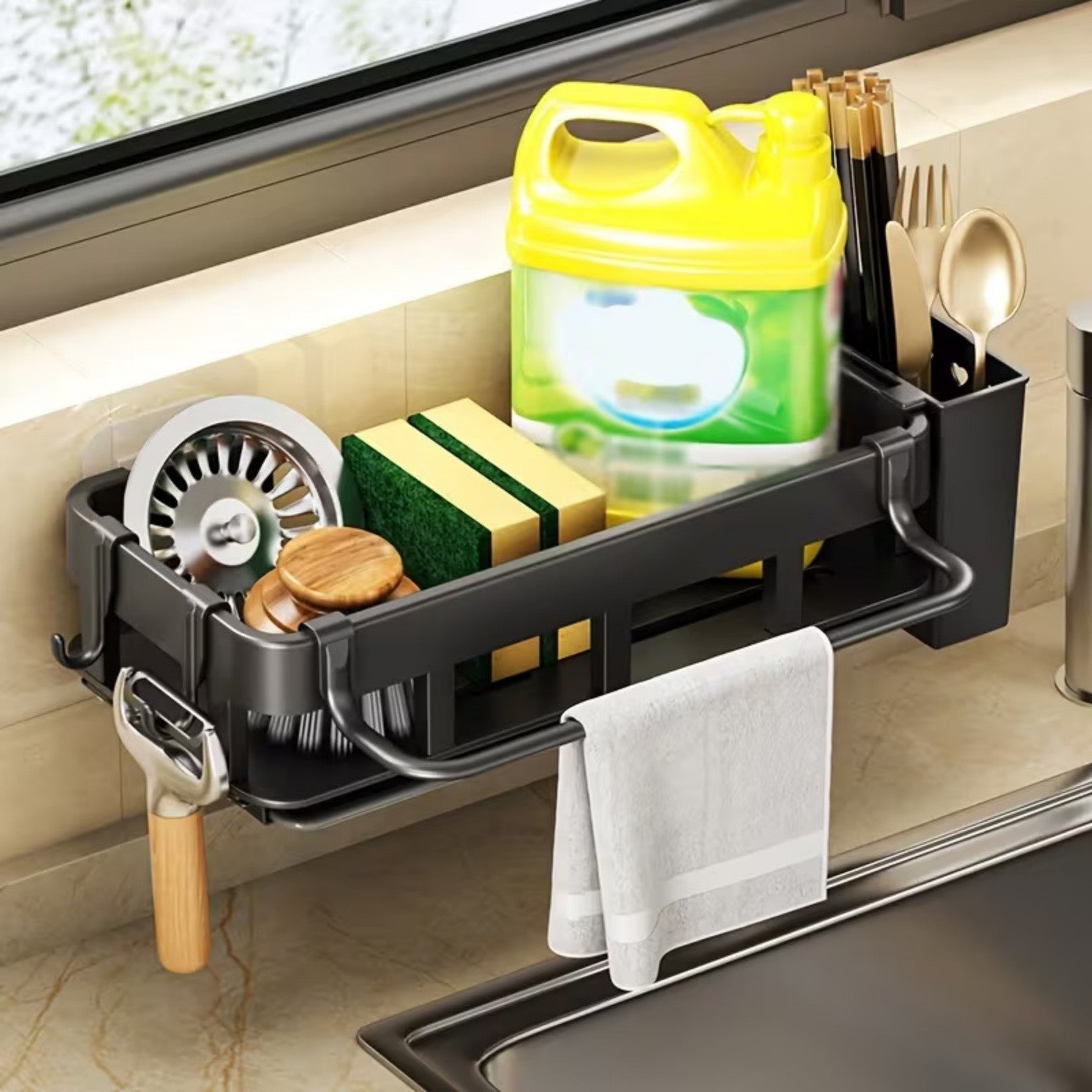 Kitchen Sink Caddy Organizer with Sponge Soap Brush Holder – Countertop Storage Rack with Hooks