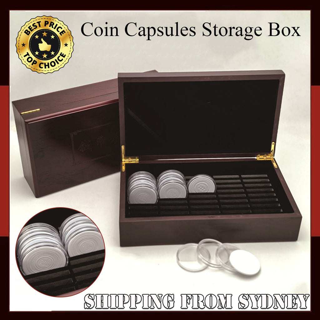 Wooden coin storage box with capsules