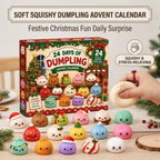 Soft squishy dumpling advent calendar box with hand squeezing a squishy