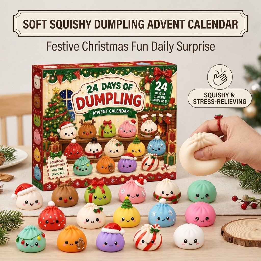 Soft squishy dumpling advent calendar box with hand squeezing a squishy