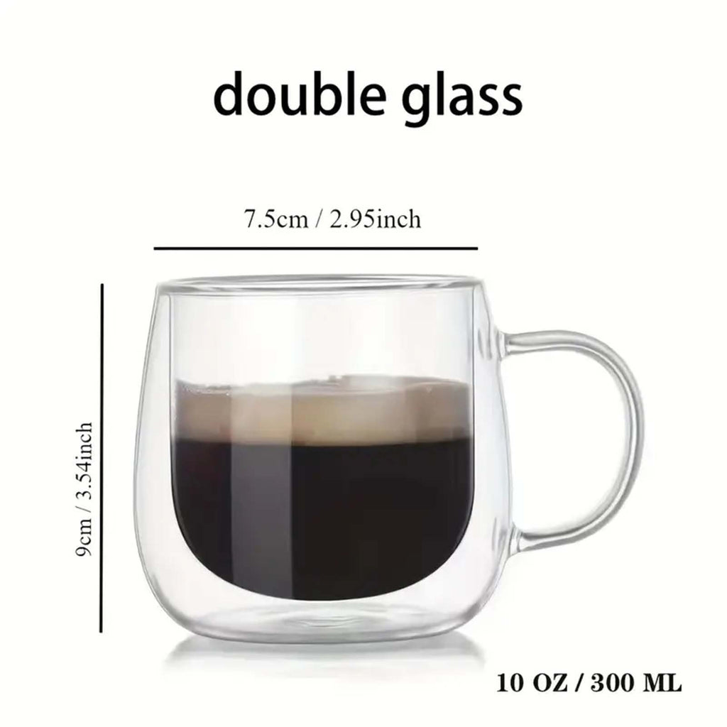 4PCS Double Wall Glass Coffee Tea Cups 300ml Heat Resistant with Stainless Steel Spoons