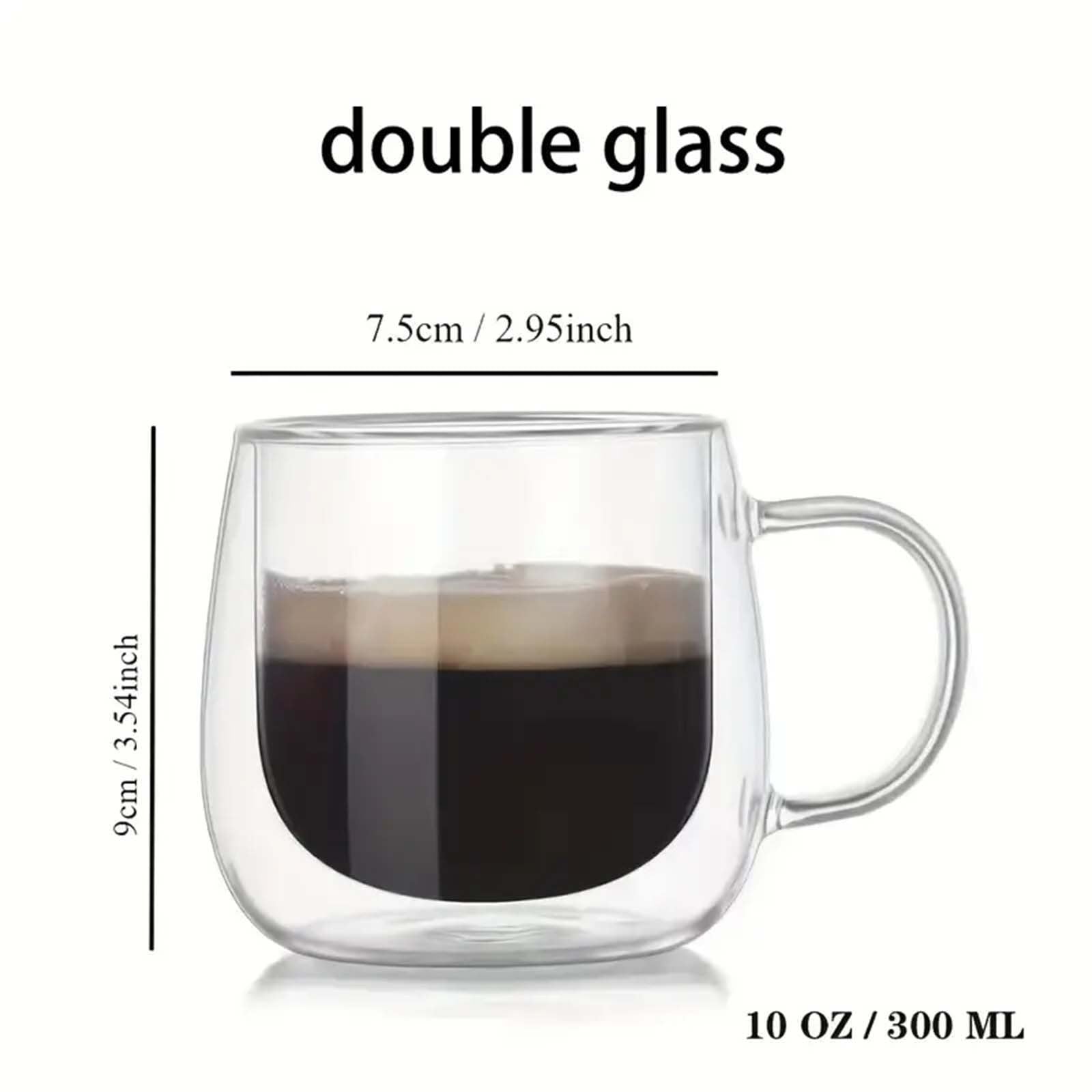 4PCS Double Wall Glass Coffee Tea Cups 300ml Heat Resistant with Stainless Steel Spoons