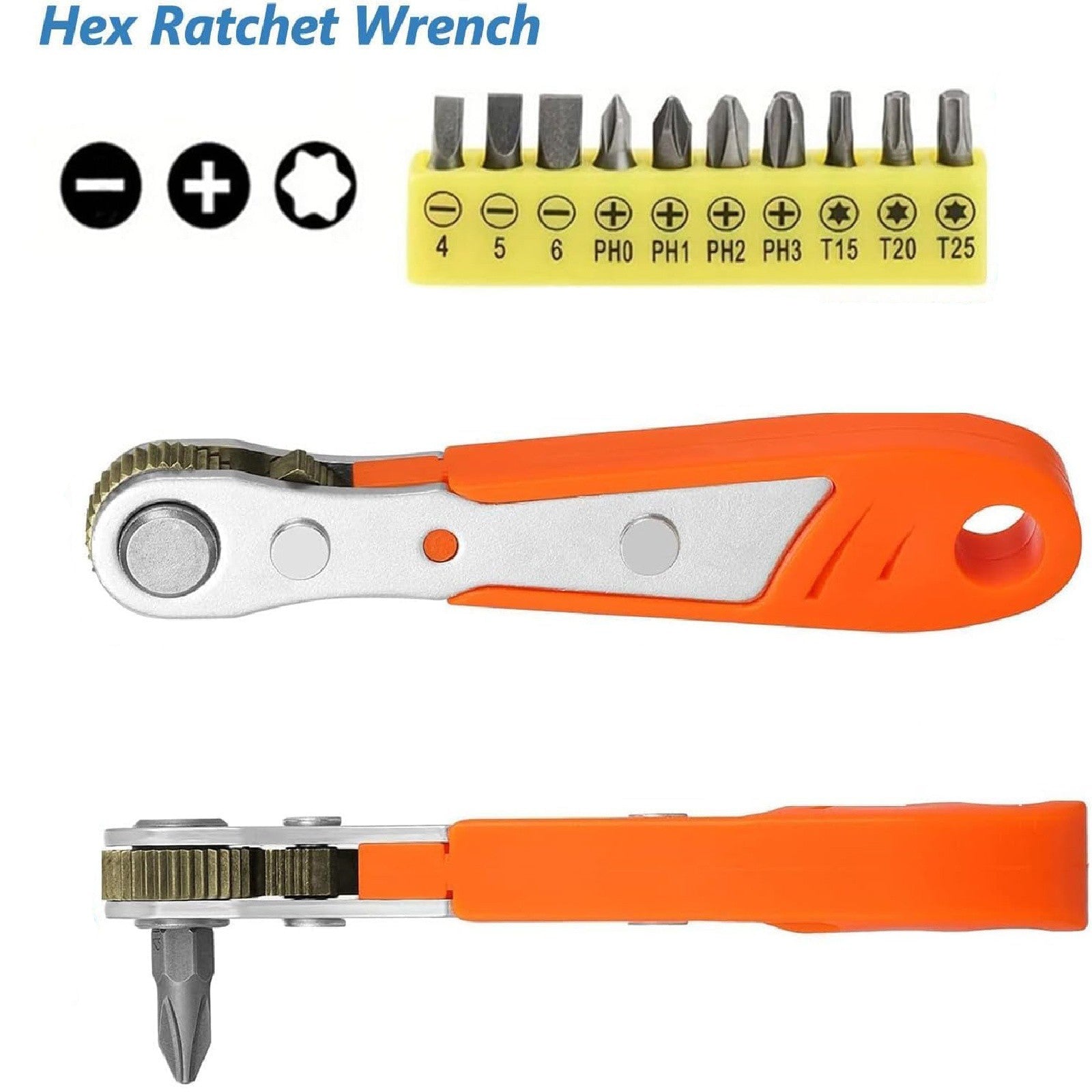 1 or 2 Set Ratcheting Right Angle Screwdriver - 90 Degree Offset Hex Drive with Bits