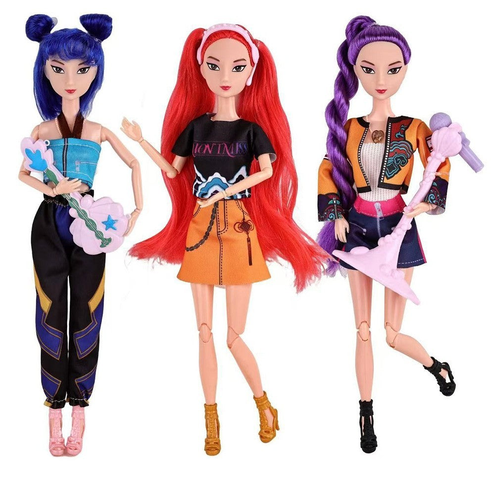 Three jointed K-pop style fashion dolls with a toy microphone and guitar on a white background