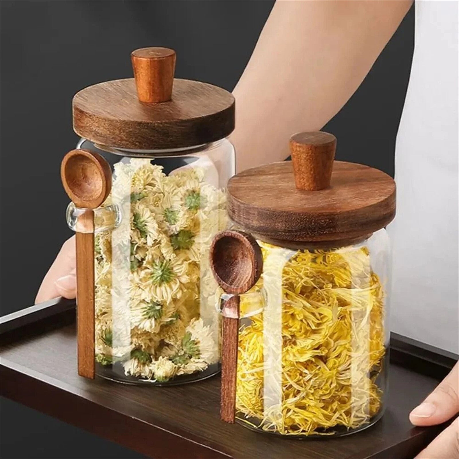2 Pack Glass Storage Jars with Wooden Lid and Spoon – Airtight Coffee, Spice and Food Containers