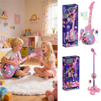 Kids playing with the light-up toy guitar and karaoke microphone stand at home