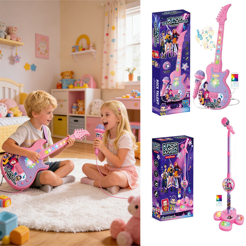 Kids playing with the light-up toy guitar and karaoke microphone stand at home