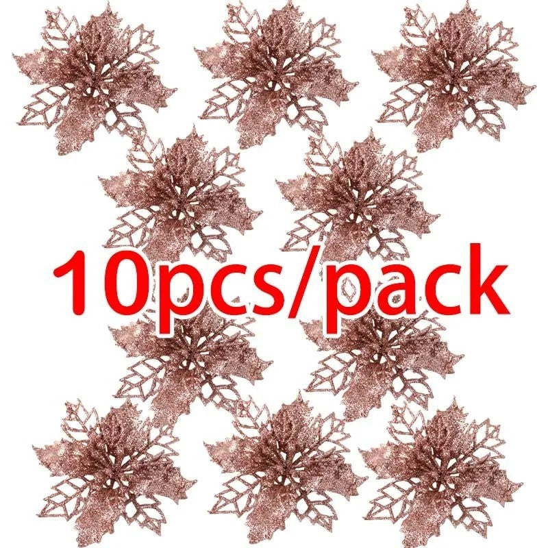 10pcs Christmas Poinsettia Glitter Flowers – Xmas Tree Hanging Decorations