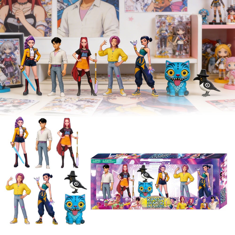 K-pop style figures 7 pack lined up with the window gift box