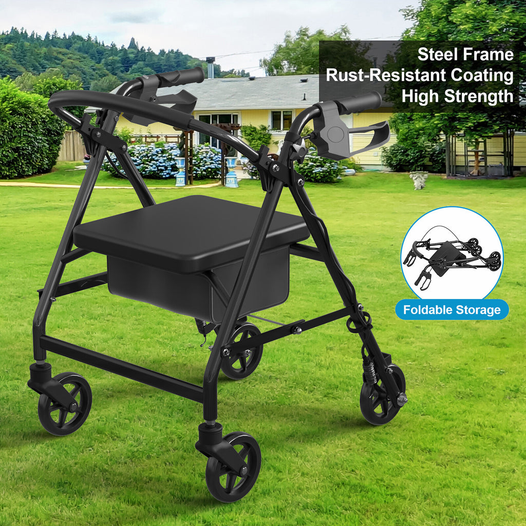 4-Wheel Rollator Walker Folding Mobility Aid with Seat Brakes & Storage Bag for Seniors