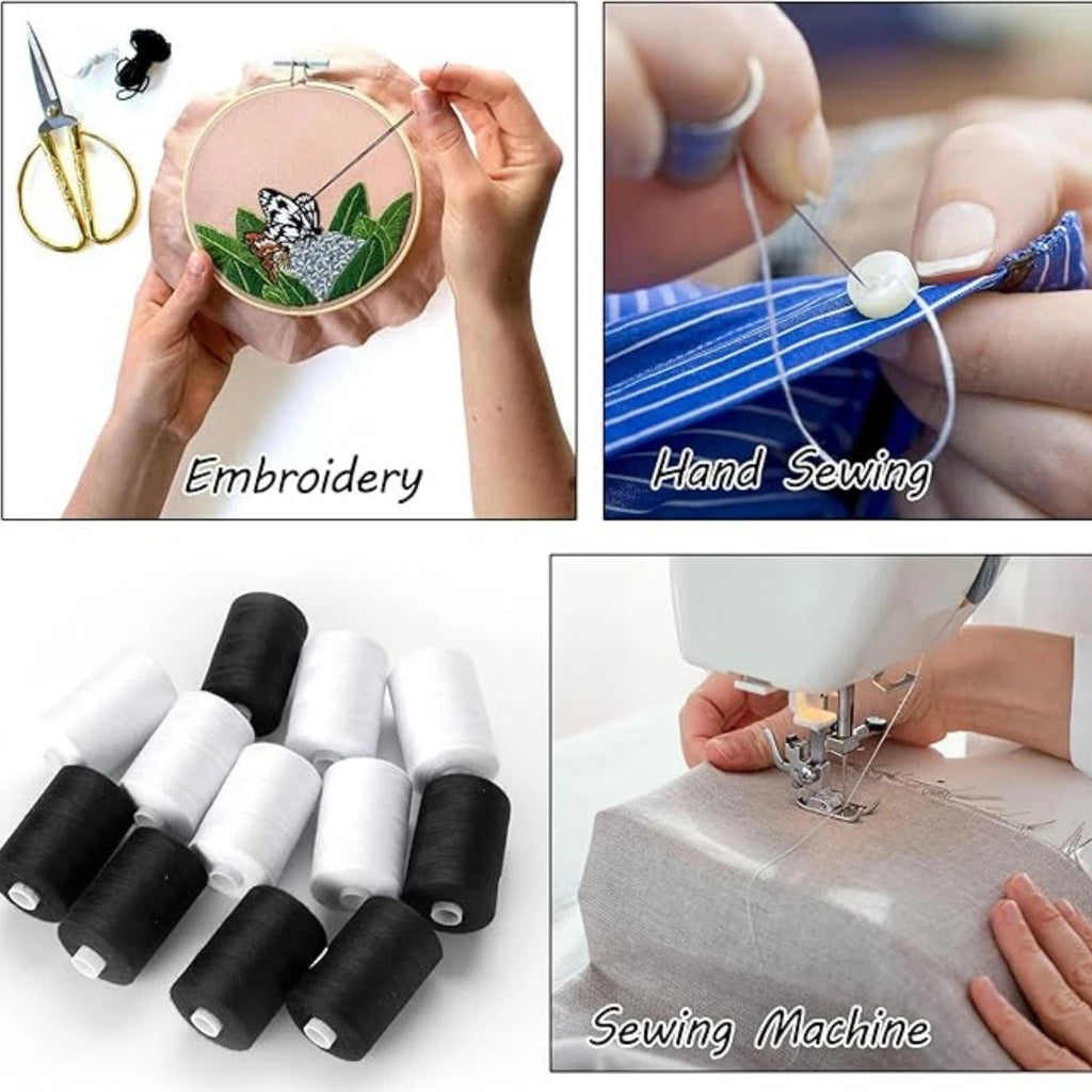 8pcs Polyester Sewing Thread Spools 500m | Black & White Quilting Embroidery Thread Set