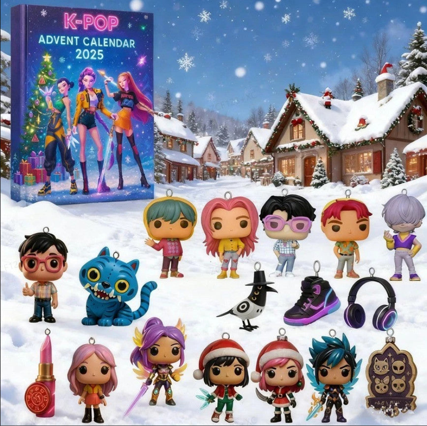 K-pop advent calendar blue box with ornaments in a snowy village scene