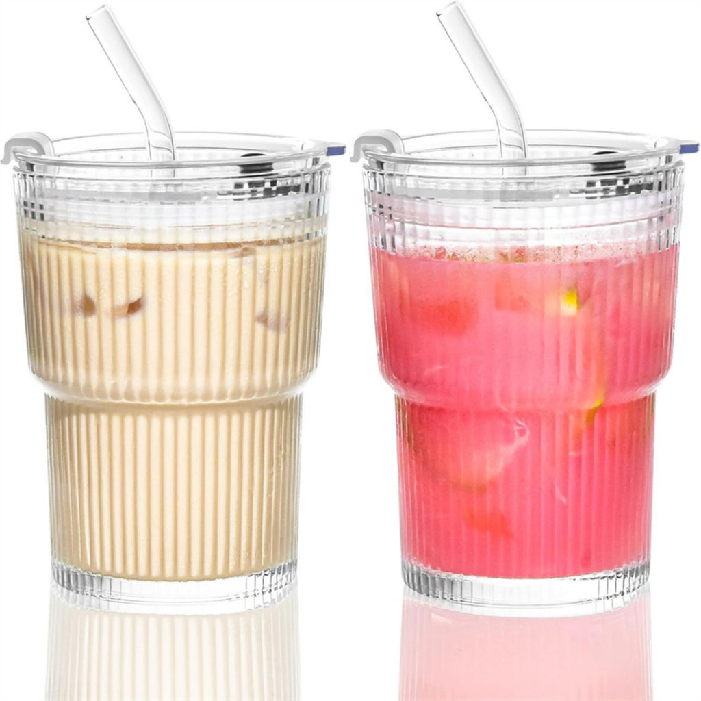 2pcs Iced Coffee Cups Glass Cups with Lids and Straws Coffee Fruit Juice 450ml