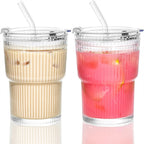 2pcs Iced Coffee Cups Glass Cups with Lids and Straws Coffee Fruit Juice 450ml