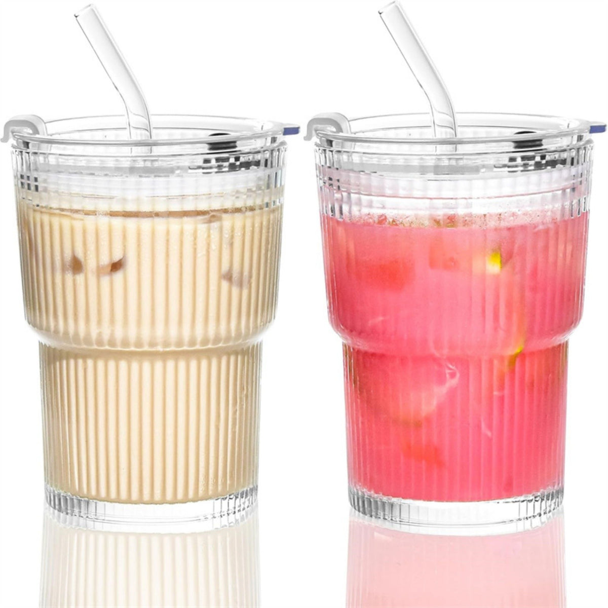 2pcs Iced Coffee Cups Glass Cups with Lids and Straws Coffee Fruit Juice 450ml