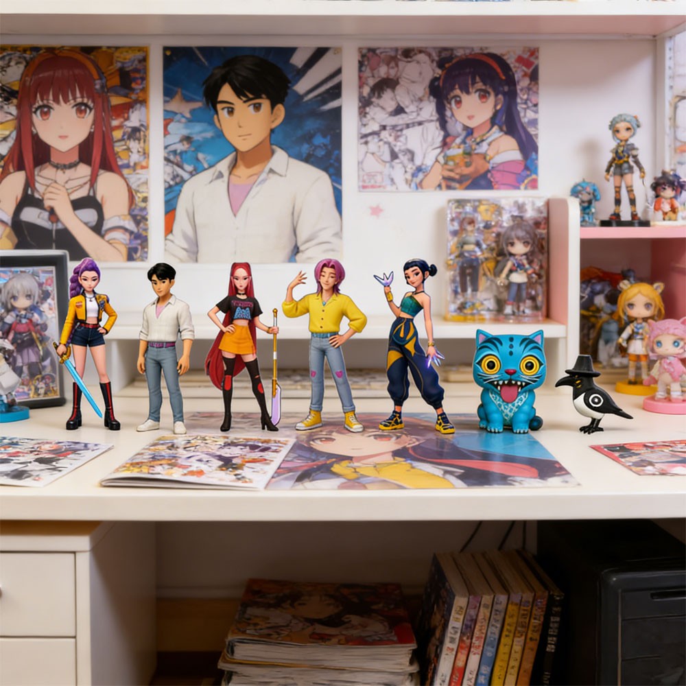 K-pop style mini figures displayed on a desk with posters