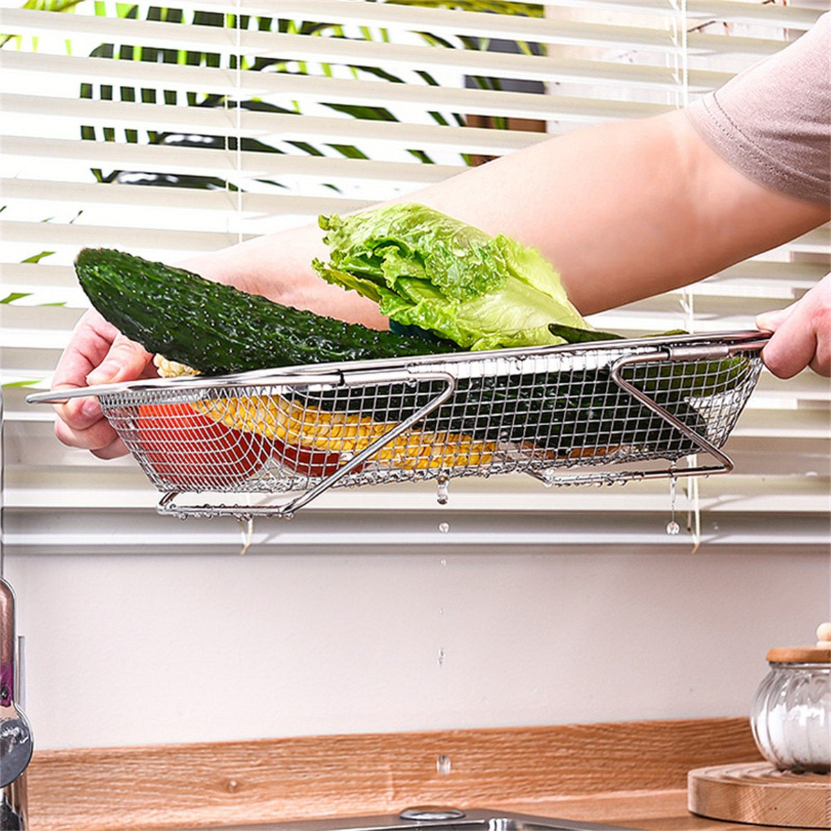 Vegetable Strainer Drainage Basket Stainless Steel Expandable Over Sink Colander