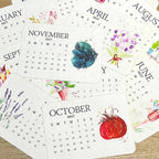 Plantable 2027 calendar monthly cards with watercolour fruit and flower motifs