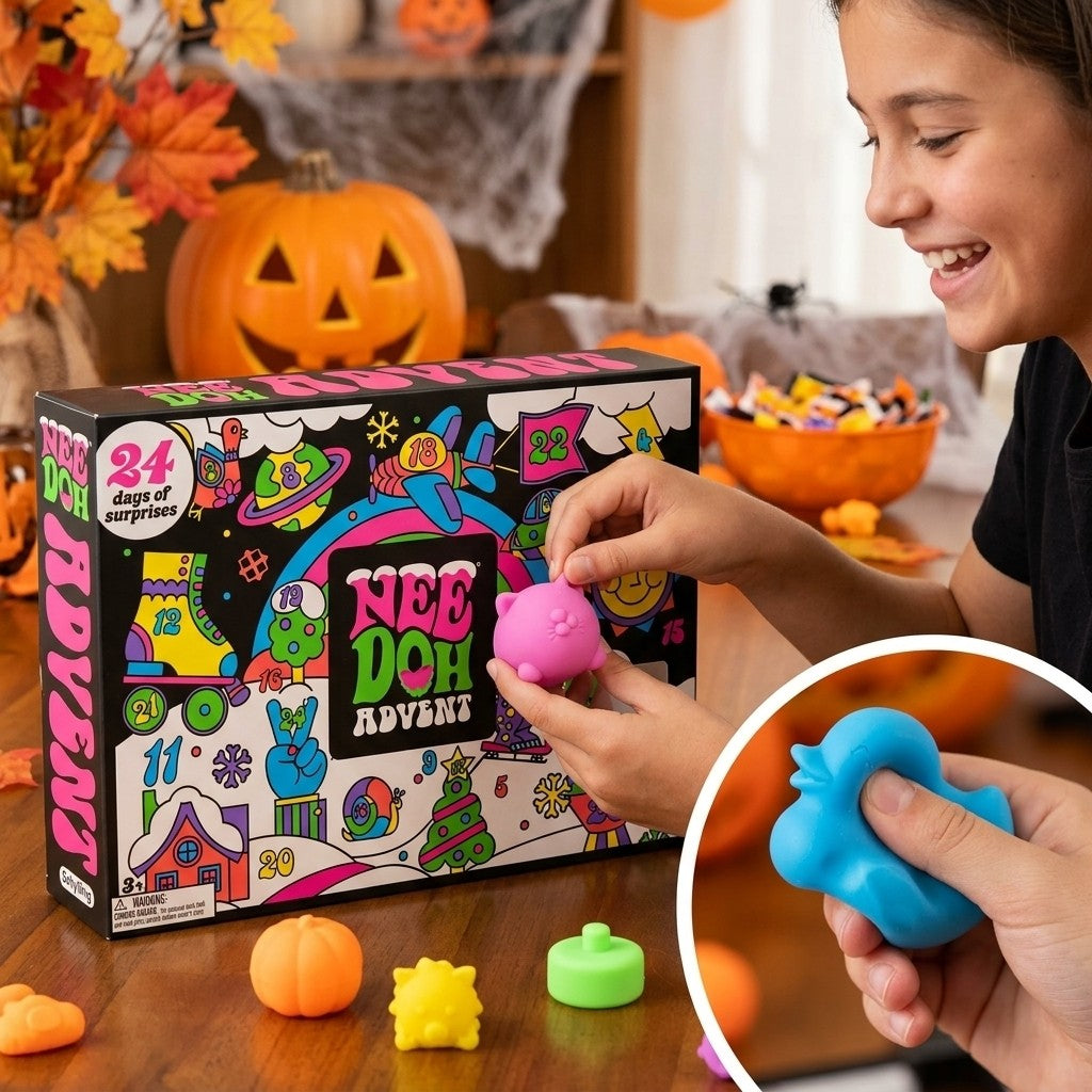 Child squeezing a pink squishy monster toy from the advent calendar