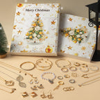 Gold Christmas tree jewellery advent calendar with necklaces and bangles laid out