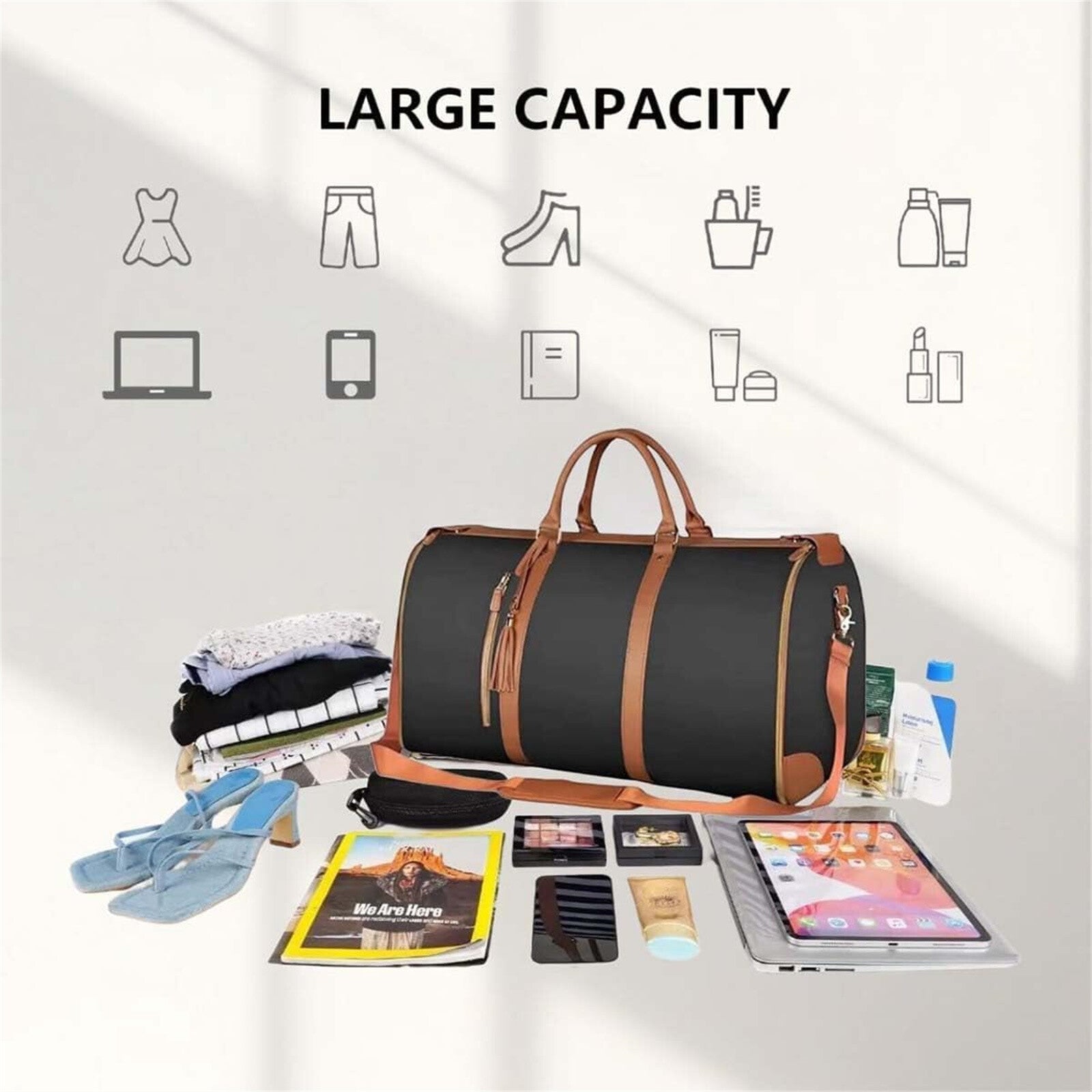 Foldable Travel Garment Duffle Bag - Large Capacity Lightweight Weekender Shoulder Bag Brown