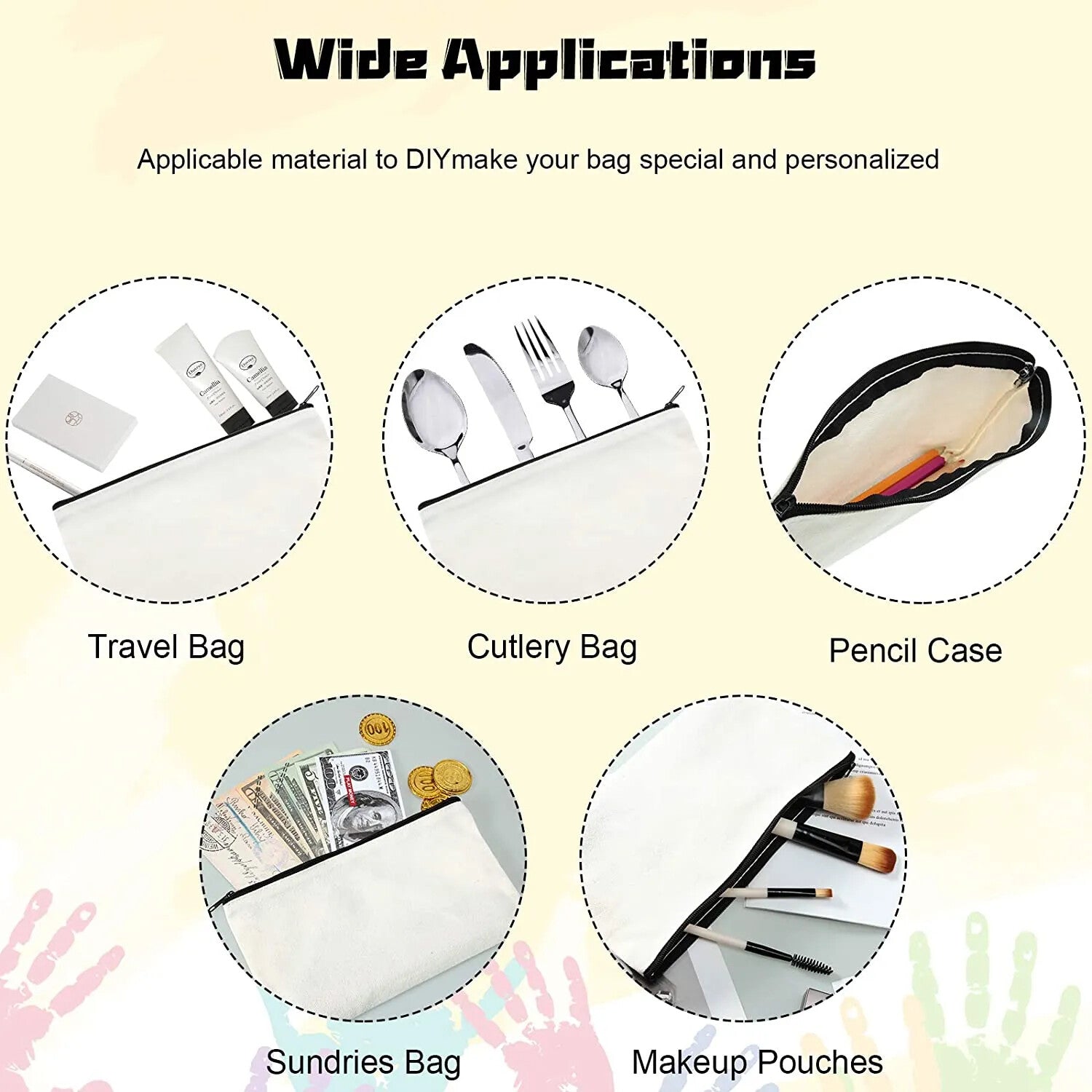 10pcs Canvas Makeup Bags with Zipper | Blank DIY Cosmetic Pouches Pencil Cases