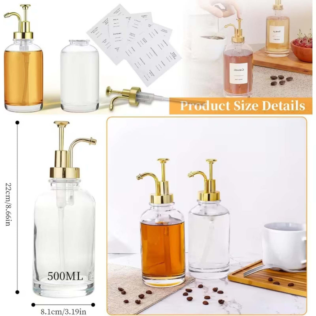 2PCS Glass Coffee Syrup Dispenser Set with Pumps Funnel & Labels 500ML Bottles