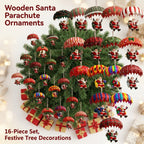 Wooden Santa parachute ornaments 16 piece set hanging from a decorated Christmas tree