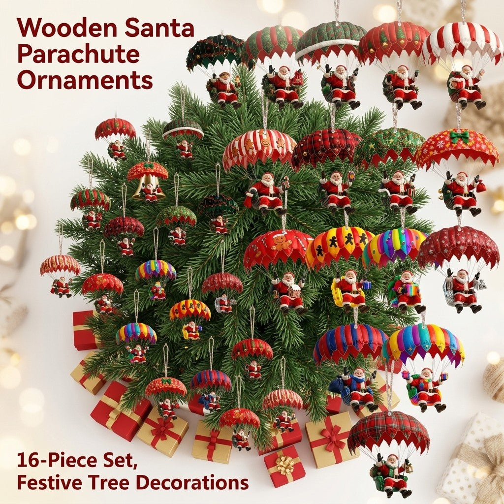 Wooden Santa parachute ornaments 16 piece set hanging from a decorated Christmas tree