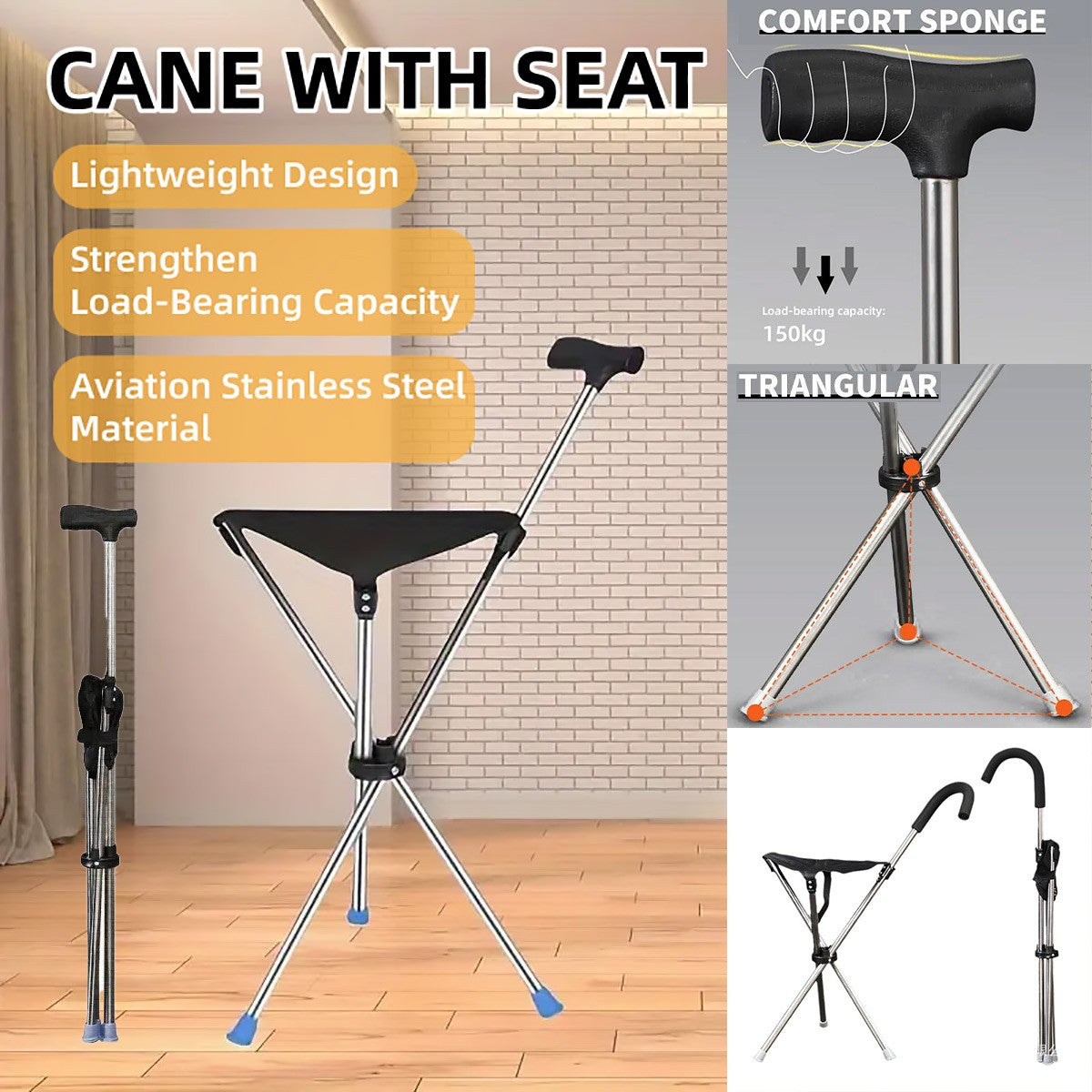 Foldable Walking Cane Chair Adjustable Portable Seat Stool Lightweight Mobility Aid
