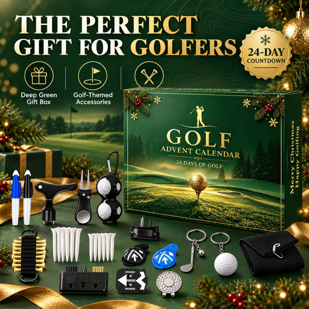 Golf advent calendar gift box with divot tool, tees, ball markers and ball bag