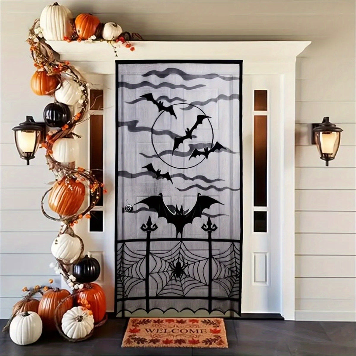 1-4PCS Black Lace Bat Halloween Curtains Gothic Window Party Hanging Decoration