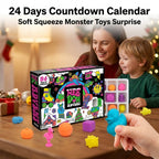 Family opening a 24 day countdown calendar with soft squeeze toys on the table