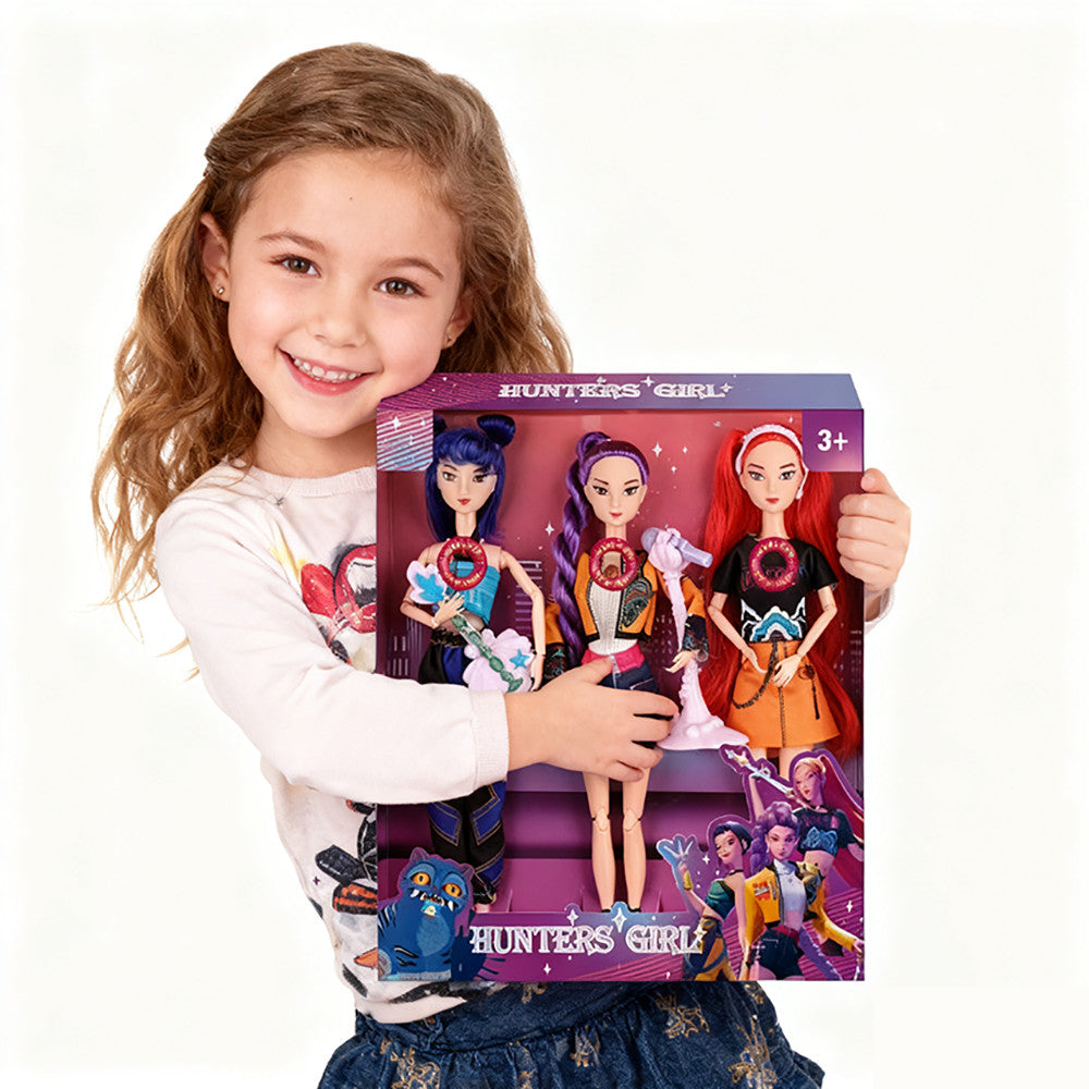 Girl holding the singing doll 3 pack gift box