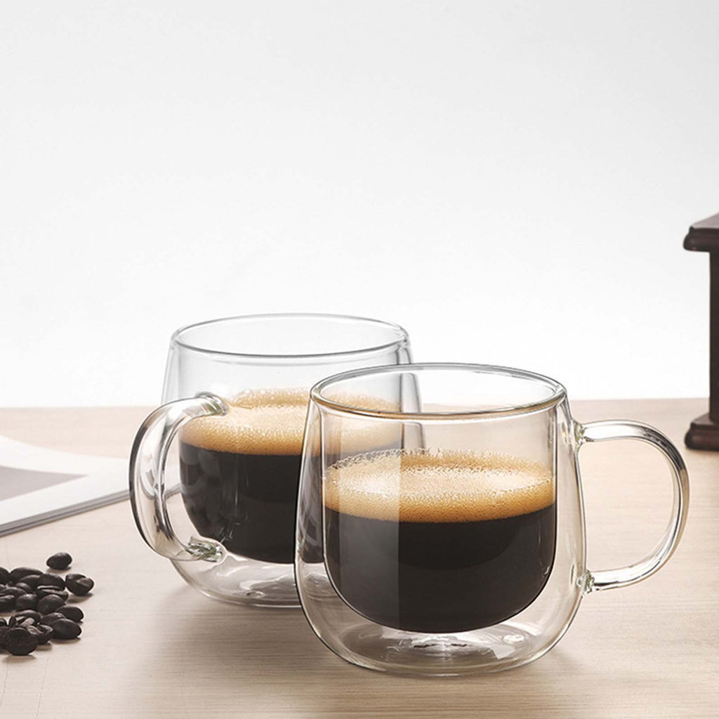 4PCS Double Wall Glass Coffee Tea Cups 300ml Heat Resistant with Stainless Steel Spoons