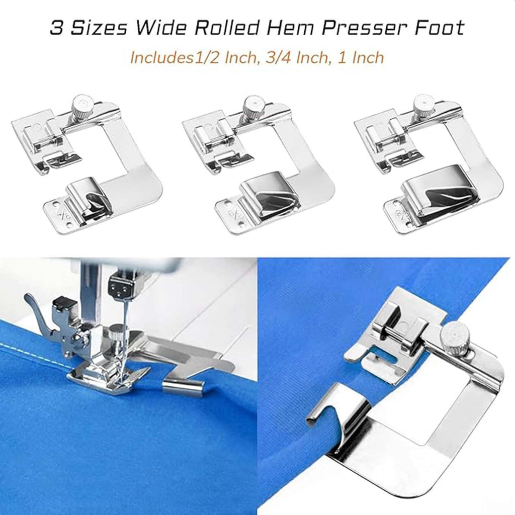 3Pcs Wide Rolled Hem Presser Foot Set – Snap On Hemmer Feet for Domestic Sewing Machines