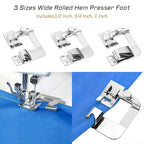 3Pcs Wide Rolled Hem Presser Foot Set – Snap On Hemmer Feet for Domestic Sewing Machines