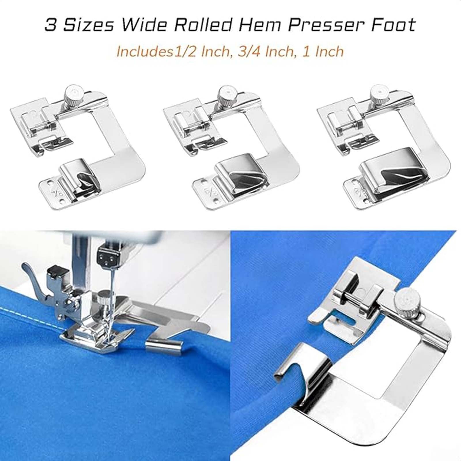 3Pcs Wide Rolled Hem Presser Foot Set – Snap On Hemmer Feet for Domestic Sewing Machines