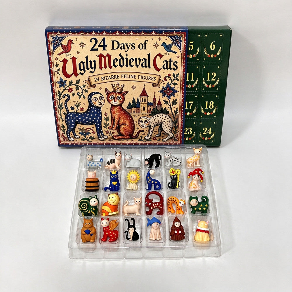 Medieval cat advent calendar box with a tray of 24 quirky cat figurines