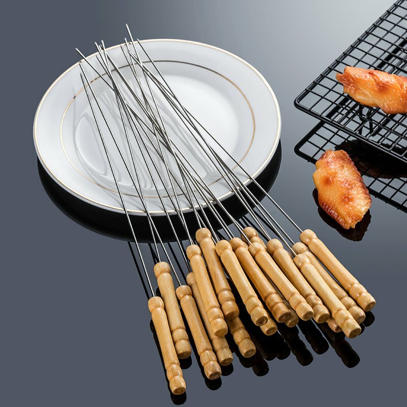 120pcs Stainless Steel BBQ Skewers 31cm | Flat Metal Kebab Sticks with Wooden Handle