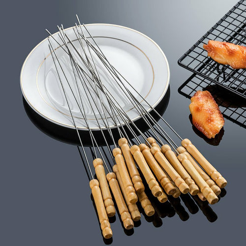 120pcs Stainless Steel BBQ Skewers 31cm | Flat Metal Kebab Sticks with Wooden Handle