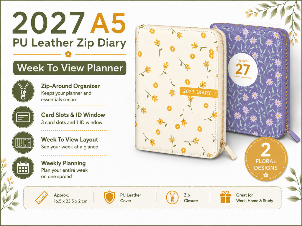 2027 A5 PU leather zip diary in purple and cream floral with week to view planner features