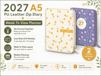 2027 A5 PU leather zip diary in purple and cream floral with week to view planner features