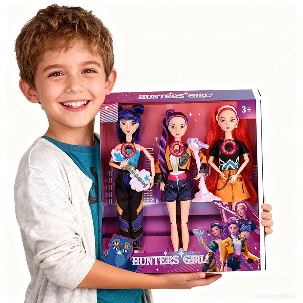 Boy holding the singing doll 3 pack gift box