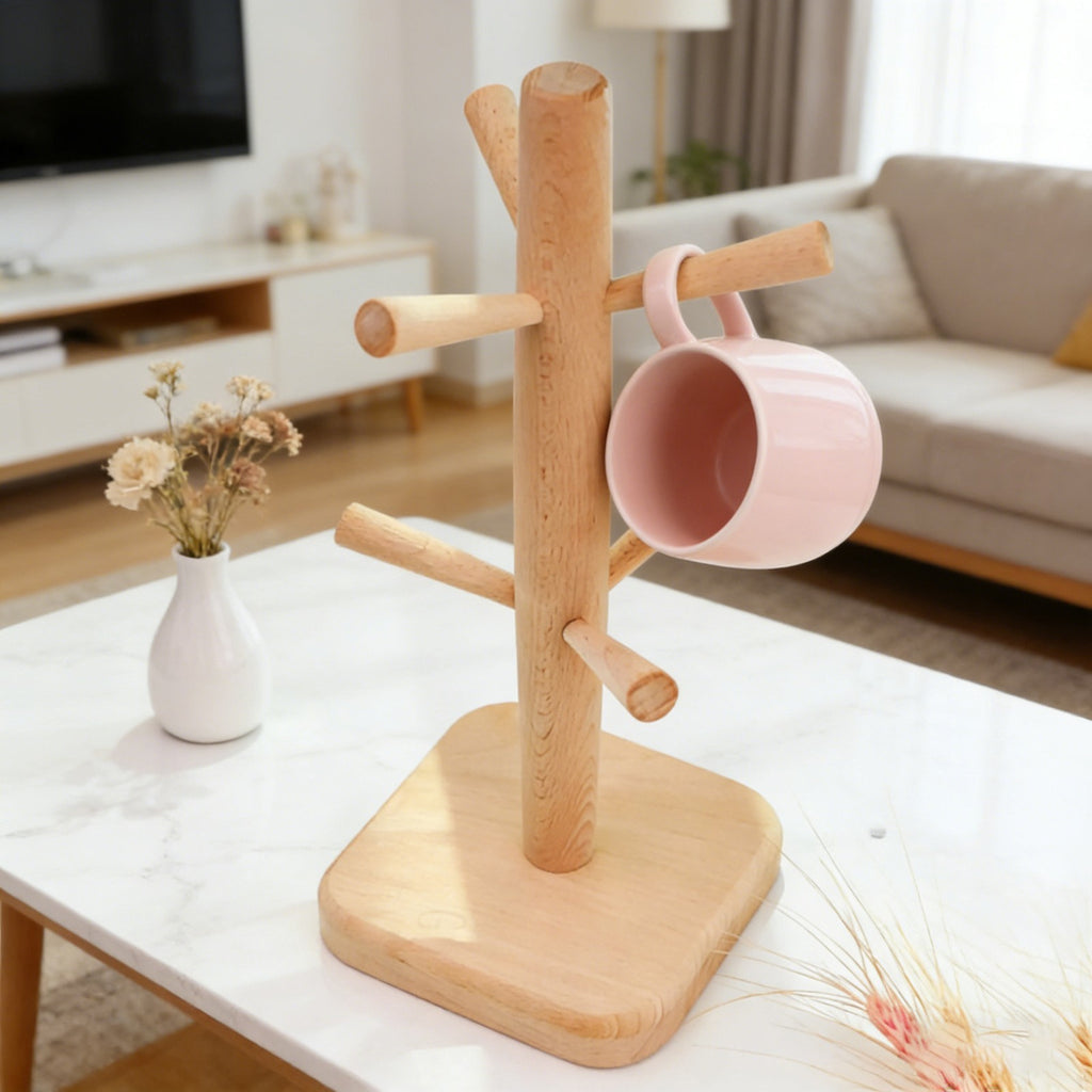 2PCS Wooden Mug Rack Tree with 6 Hooks - Coffee Cup Organiser Stand for Kitchen Counter