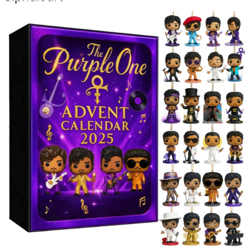 Purple box rock music advent calendar with 24 music star mini figures on a white background