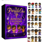 Purple box rock music advent calendar with 24 music star mini figures on a white background