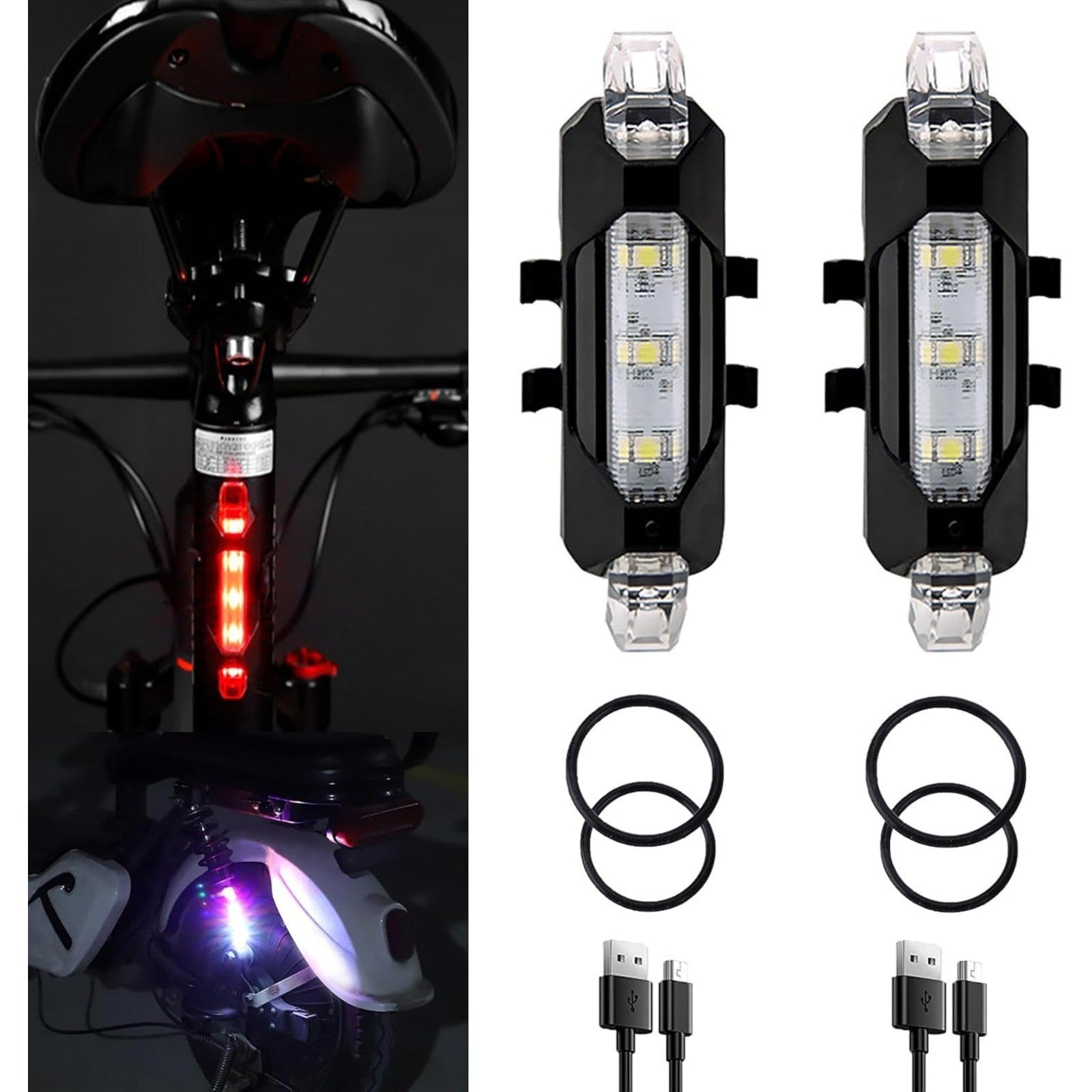 2PCS USB Rechargeable LED Bike Tail Lights Waterproof Bicycle Rear Safety Lights