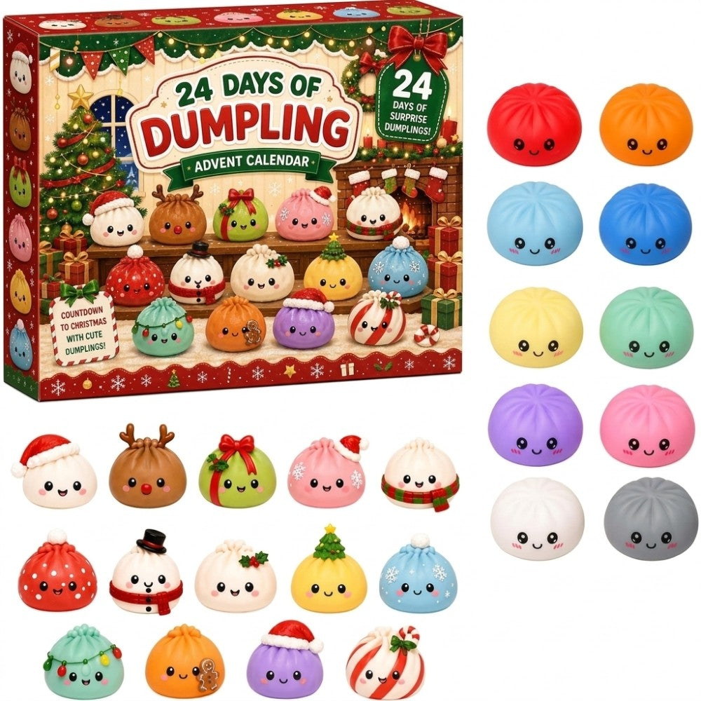 Squishy advent calendar 2026 box with 24 dumpling squishies in Christmas hats and antlers